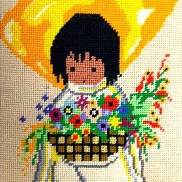 2 Native American Cross Stitch framed art floral vintage - Picture 4 of 6